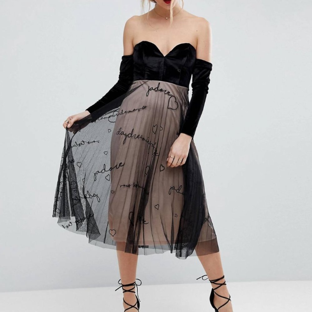 Asos Velvet Bardot Embroidered Tulle Midi Dress
